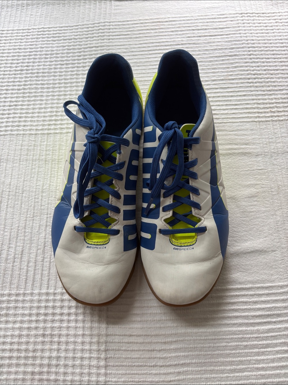 Puma White & Blue Indoor Soccer Shoes with Neon Lime Accents